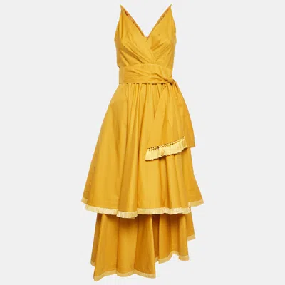 Pre-owned Johanna Ortiz Yellow Poplin Fringe Tiered Midi Dress S