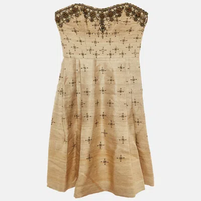 Pre-owned Carolina Herrera Beige Ombre Raw Silk Embellished Strapless Dress M In Sand