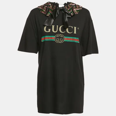Pre-owned Gucci Black Cotton Knit Detachable Embellished Coollar Detail T-shirt L