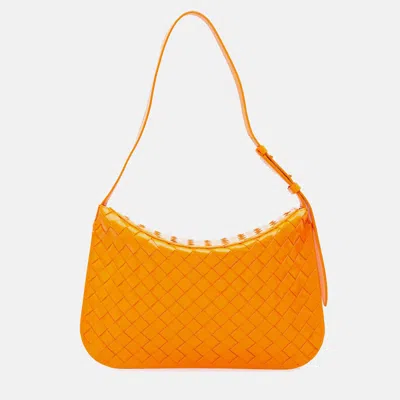 Pre-owned Bottega Veneta Brushed Calfskin Intrecciato Cradle Fold Over Shoulder Bag In Orange