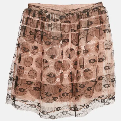 Pre-owned Red Valentino Beige/black Patterned Tulle Mini Skirt S In Sand