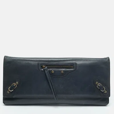 Pre-owned Balenciaga Navy Blue Leather Papier Long Clutch