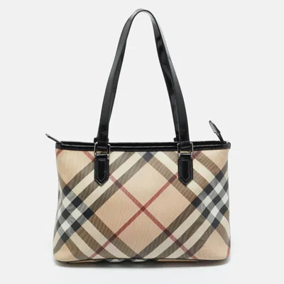 Pre-owned Burberry Black/beige Super Nova Check Pvc And Patent Leather Regent Tote