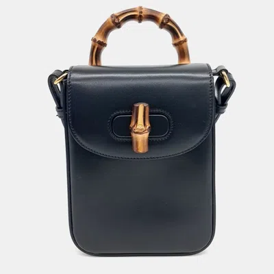 Pre-owned Gucci Black Leather Bamboo Mini Tote And Crossbody Bag