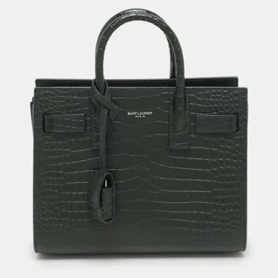 Pre-owned Saint Laurent Green Croc Embossed Leather Nano Classic Sac De Jour Tote