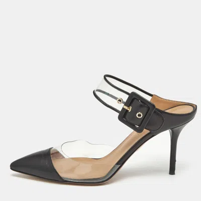 Pre-owned Aquazzura Black Pvc And Leather Optic Buckle Sandals Size 36.5