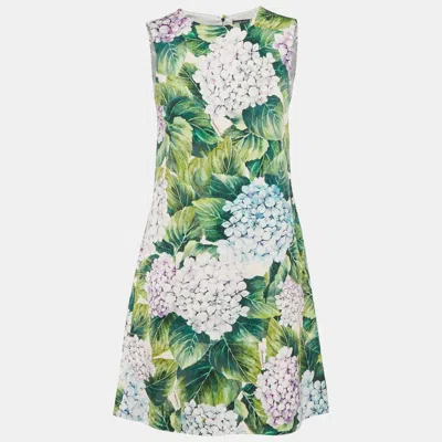 Pre-owned Dolce & Gabbana Green Floral Print Cotton Blend Shift Dress Xs