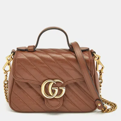 Pre-owned Gucci Brown Matelasse Leather Mini Gg Marmont Top Handle Bag