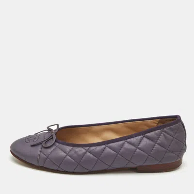Pre-owned Chanel Metallic Purple Leather Cc Cap-toe Bow Ballet Flats Size 38