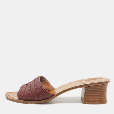 Pre-owned Bottega Veneta Burgundy Intrecciato Leather Ravello Slide Sandals Size 38.5