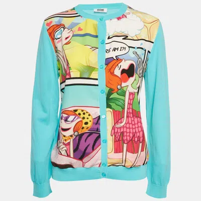 Pre-owned Moschino Cheap And Chic Blue Printed Chiffon And Cotton Knit Cardigan L