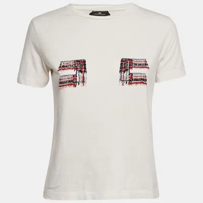 Pre-owned Elisabetta Franchi White Beaded Jersey Crewneck T-shirt S