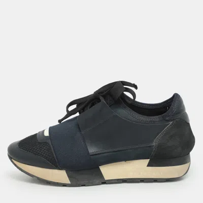 Pre-owned Balenciaga Navy Blue Leather And Mesh Race Runner Low Top Sneakers Size 35