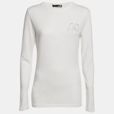Pre-owned Love Moschino White Logo Rhinestone Jersey Long Sleeve T-shirt M