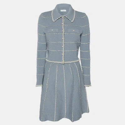 Pre-owned Sandro Blue Textured Stripe Stretch Knit Cardigan And Skirt Set S