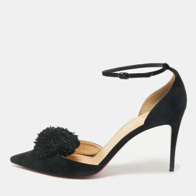 Pre-owned Christian Louboutin Black Suede Pom Pom Ankle Strap Sandals Size 39.5