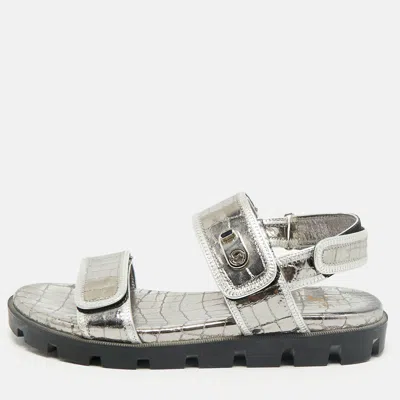 Pre-owned Christian Louboutin Silver Croc Embossed Leather Lock Cool Flat Sandals Size 40