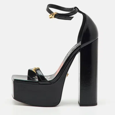 Pre-owned Versace Black Leather Block Heel Platform Ankle Strap Sandals Size 38