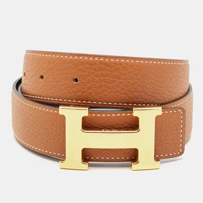 Pre-owned Hermes Gold/black Epsom And Box Leather H Buckle Reversible Belt 85cm