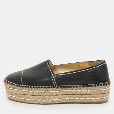 Pre-owned Prada Black Leather Platform Espadrille Flats Size 37.5