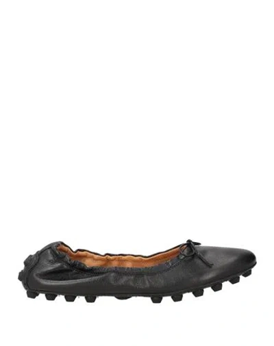 Tod's Black Leather Ballet Flats With Gathered Elasticized Trim In Black