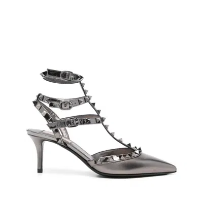 Valentino Rockstud Caged 65 Leather Ankle Strap Pump In Metallic