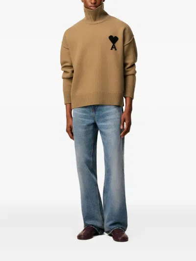 Ami Alexandre Mattiussi Brown Wool Ami De Coeur Funnel Neck Sweater Brown In Brown
