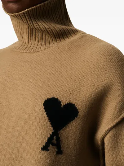 Ami Alexandre Mattiussi Brown Wool Ami De Coeur Funnel Neck Sweater Brown In Brown