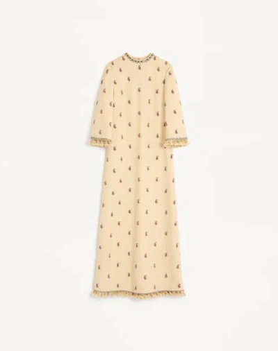 Valentino Long Dress In Embroidered Rustik Silk Woman Birch 50 In Neutral