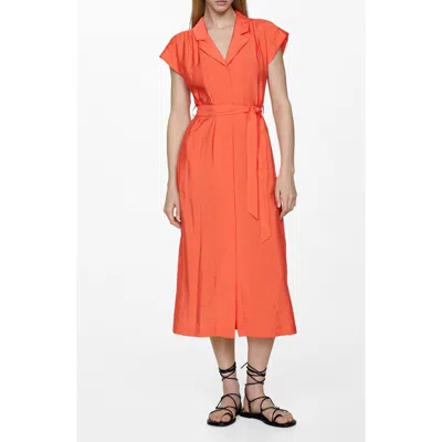 Mango Shirt Dress With Bow Texture Coral Red