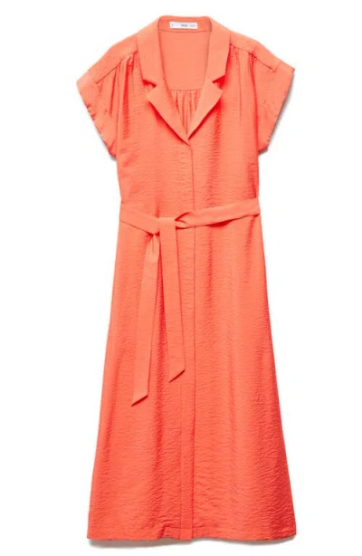 Mango Shirt Dress With Bow Texture Coral Red