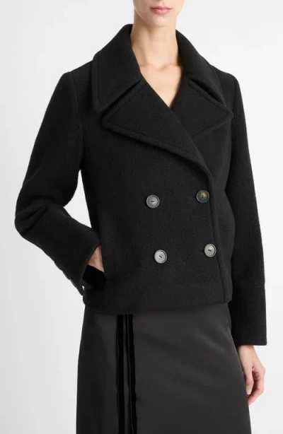 Vince Double Breasted Crop Boiled Wool Peacoat In Black