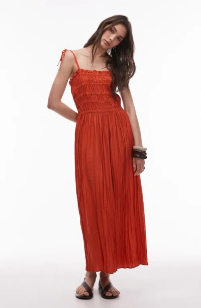 Topshop Shirred Bodice Midi Dress In Red