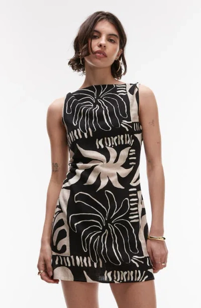 Topshop Twist Shoulder Linen Mini Dress In Black