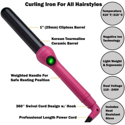 Jose Eber Clipless Curling Iron 1" (25mm) Pink, Ceramic Barrel, Ion Tech