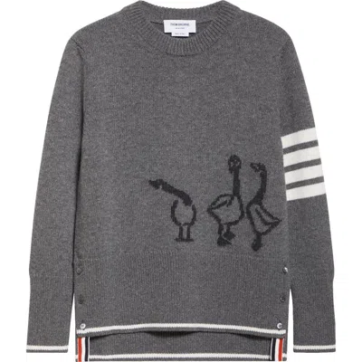 Thom Browne Geese Intarsia Boxy Virgin Wool Crewneck Sweater In Gray