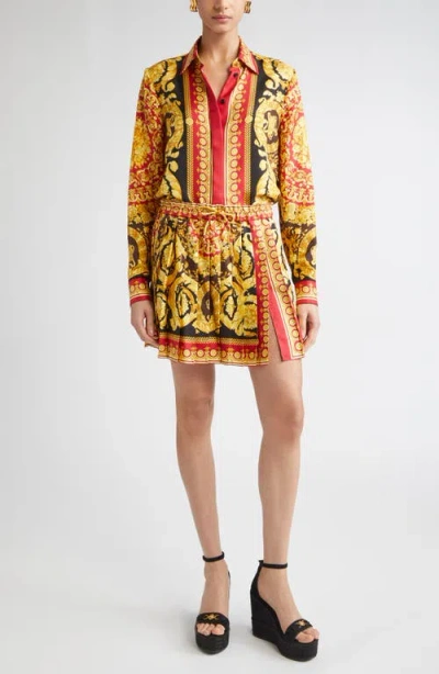 Versace Barocco 92 Pleated Silk Twill Skirt In Multi