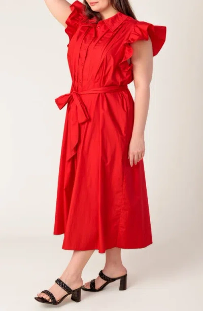 Flying Tomato Flutter Sleeve Woven Shirtdress In Red