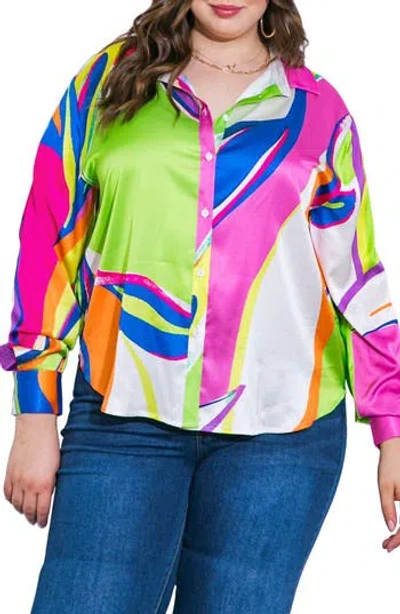 Flying Tomato Print Woven Satin Button-up Shirt In Multi