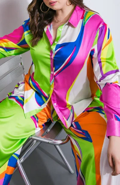 Flying Tomato Print Woven Satin Button-up Shirt In Multi