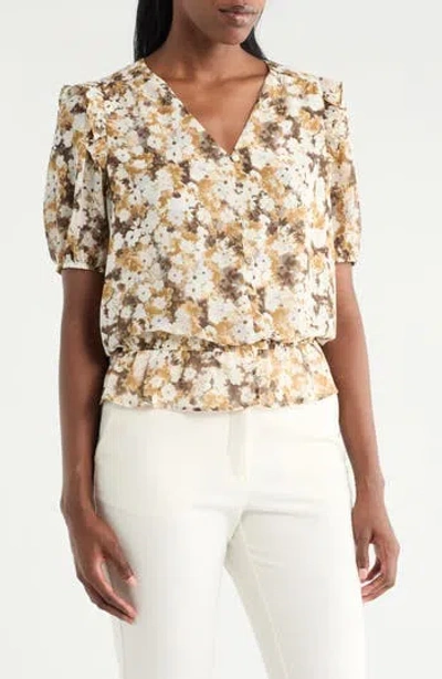Pleione Puff Sleeve Peplum Top In Brown