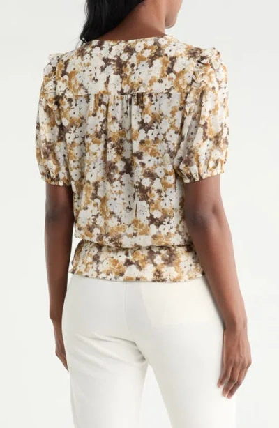 Pleione Puff Sleeve Peplum Top In Brown