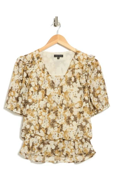 Pleione Puff Sleeve Peplum Top In Brown