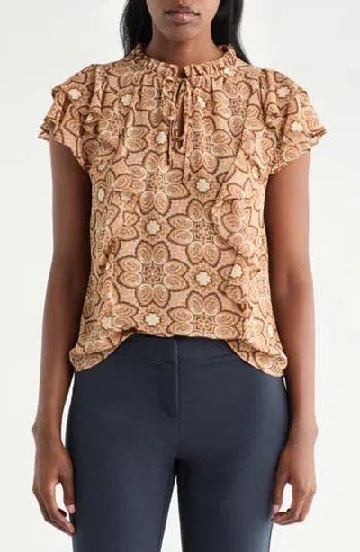 Pleione Ruffle Tie Neck Top In Brown