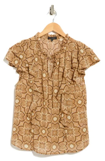 Pleione Ruffle Tie Neck Top In Brown