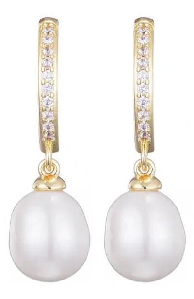 Adornia 14k Gold Plated Cz Huggie Hoop Earrings With Freshwater Pearl Drop In Gold