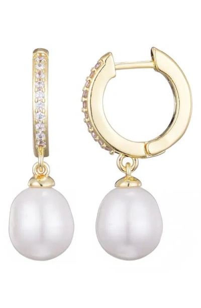 Adornia 14k Gold Plated Cz Huggie Hoop Earrings With Freshwater Pearl Drop In Gold
