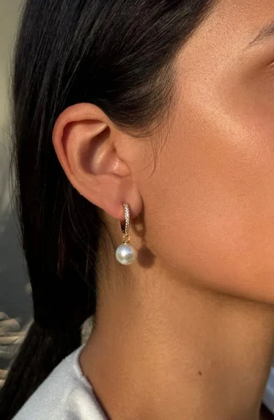 Adornia 14k Gold Plated Cz Huggie Hoop Earrings With Freshwater Pearl Drop In Gold