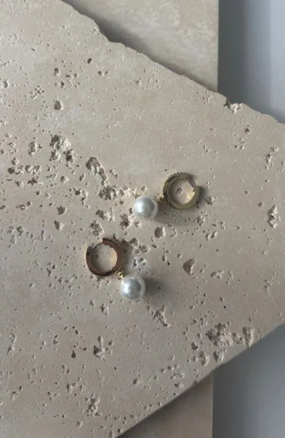 Adornia 14k Gold Plated Cz Huggie Hoop Earrings With Freshwater Pearl Drop In Gold