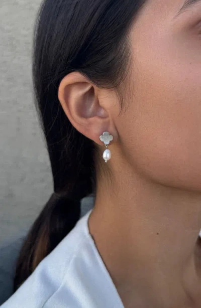 Adornia Silver Plated White Mother Of Pearl Clover And Freshwater Pearl Drop Earrings In Metallic